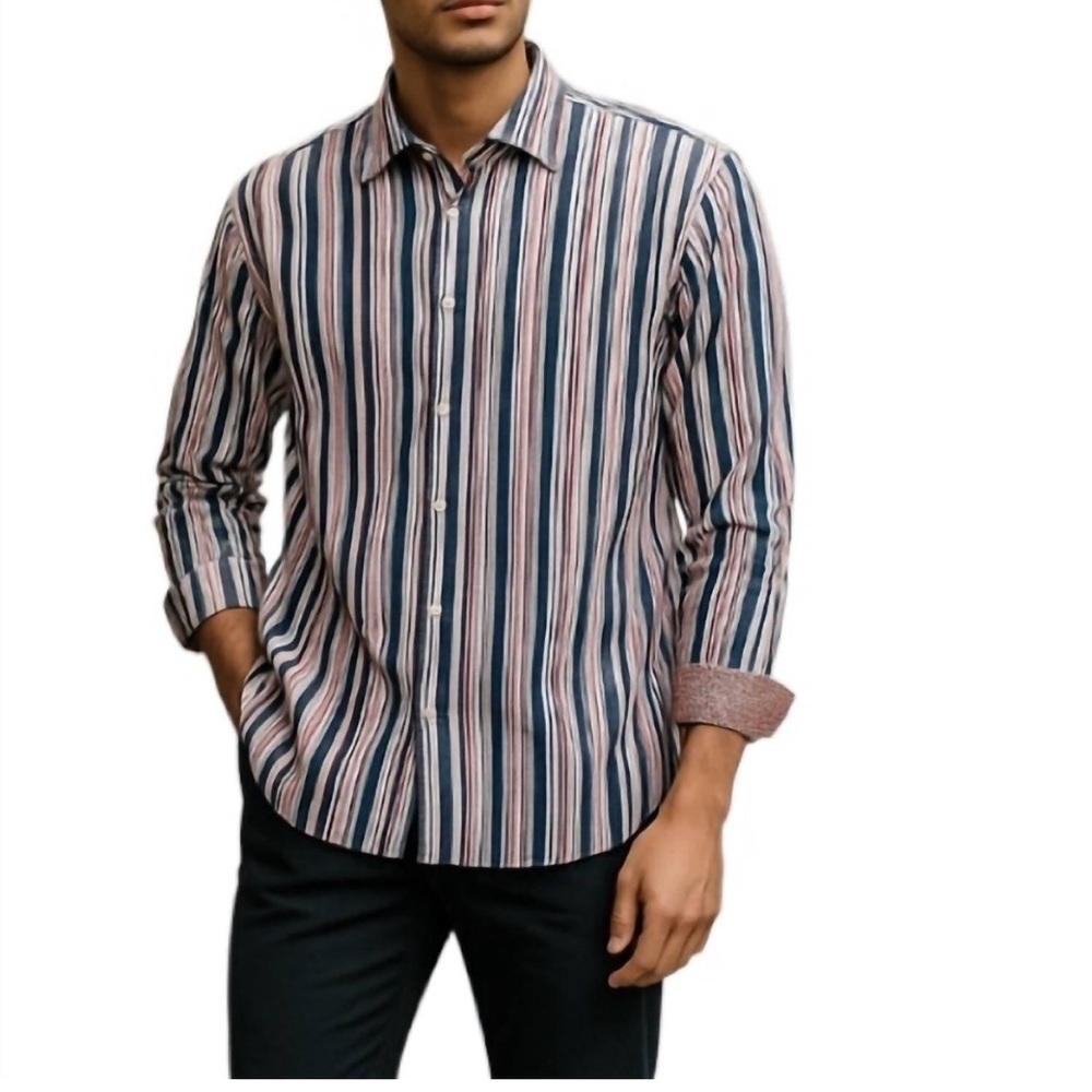 Tailorbyrd Men's Casual Striped Button Down Shirt - Blue and Pink